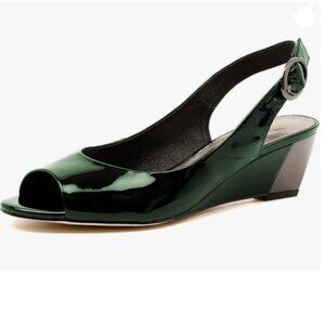 FOWT Dark Green Peep Toe Pumps Wedge Low Heel Slingbacks Slip on Stable Shoes